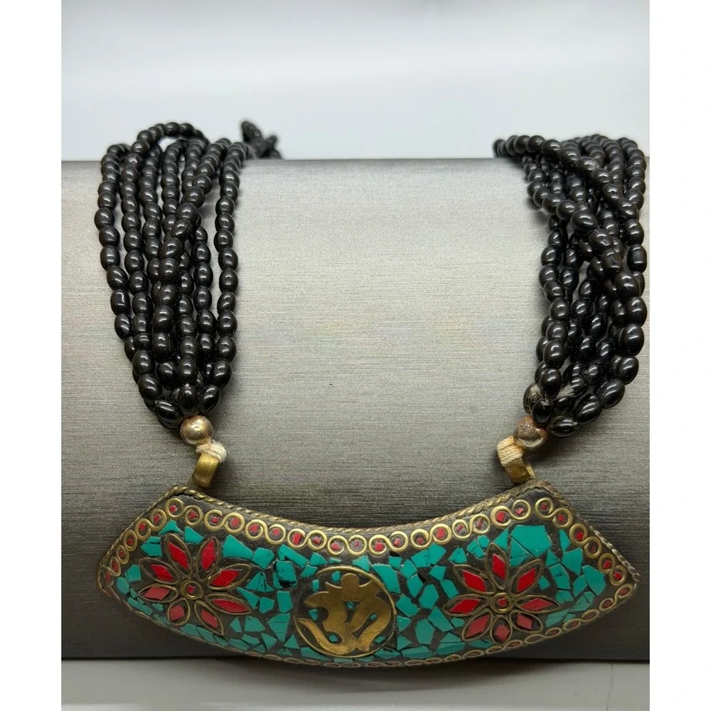 Tibetan Crushed Blue Red Stones  Statement‎ Pendant Necklace Glass Beaded Multi